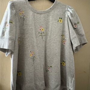 Jane and Delancey Gray Short Sleeve Tee with Yellow & Pink Floral Embroidery